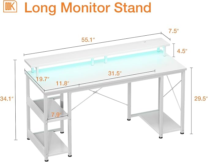 ODK 55 inch Gaming Desk with LED Lights & Power Outlets, Computer Desk with Monitor Stand & Storage Sheves, CPU Stand, Home Office Desk White - LeafyLoom
