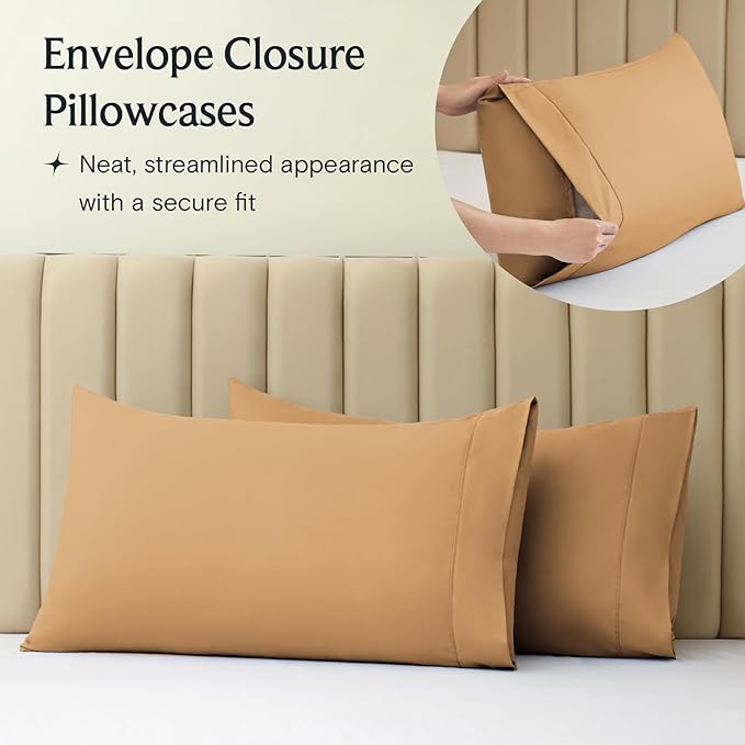 LuxClub 6 PC Full Sheet Set, Breathable Luxury Bed Sheets, Deep Pockets 18" Eco Friendly Wrinkle Free Cooling Bed Sheets Machine Washable Hotel Bedding Silky Soft - Gold Full - LeafyLoom