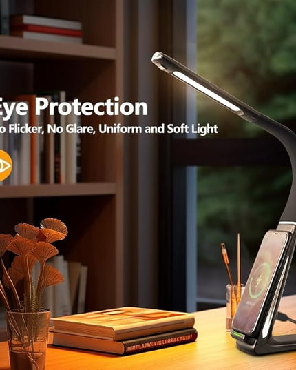 LED Desk Lamp with Wireless Charger, USB Charging Port, Stepless dimmable brightness, 3 Color Modes, Desk Lamps for Home Office, Table Lamp Eye Caring Reading Light, Gesture Control desk light - LeafyLoom
