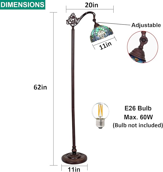Tiffany Reading Floor Lamp,Stained Glass Gooseneck Floor Light for Reading,Antique Style Tall Standing Lamp for Living Room Bedroom and Office - LeafyLoom