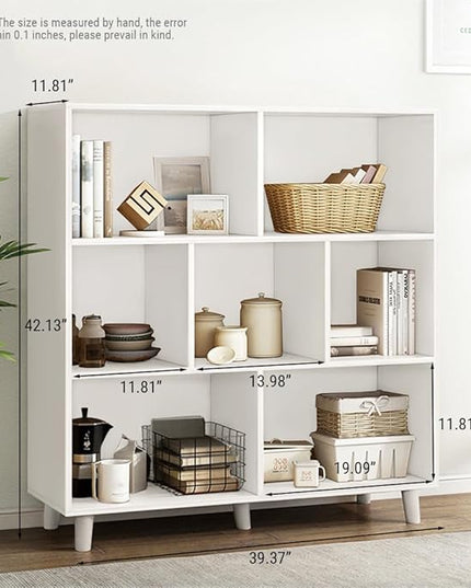 IOTXY Open Cube Low Bookcase - 3-Tier Freestanding Storage Display Cabinet Organizer with Legs for Home Office, 7-Cubes Open Shelf Short Bookshelf, White - LeafyLoom