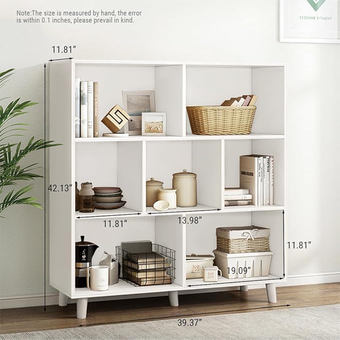 IOTXY Open Cube Low Bookcase - 3-Tier Freestanding Storage Display Cabinet Organizer with Legs for Home Office, 7-Cubes Open Shelf Short Bookshelf, White - LeafyLoom