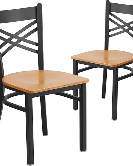Flash Furniture 2 Pack HERCULES Series Black ''X'' Back Metal Restaurant Chair - Natural Wood Seat - LeafyLoom