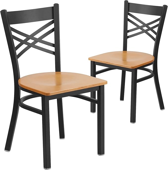 Flash Furniture 2 Pack HERCULES Series Black ''X'' Back Metal Restaurant Chair - Natural Wood Seat - LeafyLoom