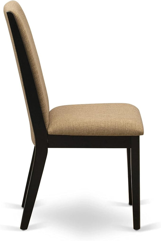 East West Furniture ESLA3-BCH-47 Eden 3 Piece Modern Dining Set Contains a Round Wooden Table with Pedestal and 2 Light Sable Linen Fabric Upholstered Chairs, 30x30 Inch, Black & Cherry - LeafyLoom