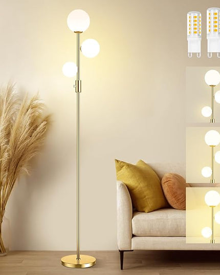 69" 3-Globe Mid Century Floor Lamp for Living Room, Modern Dimmable Tall Standing Lamp with Frosted Glass Shades, Contemporary Gold Pole Lamp for Bedroom Office, 3 LED Bulbs Included - LeafyLoom