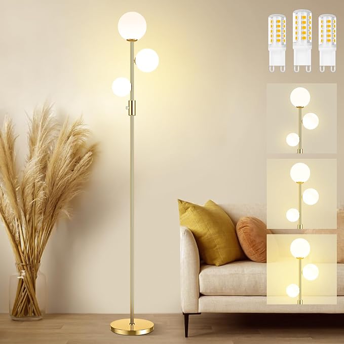 69" 3-Globe Mid Century Floor Lamp for Living Room, Modern Dimmable Tall Standing Lamp with Frosted Glass Shades, Contemporary Gold Pole Lamp for Bedroom Office, 3 LED Bulbs Included - LeafyLoom