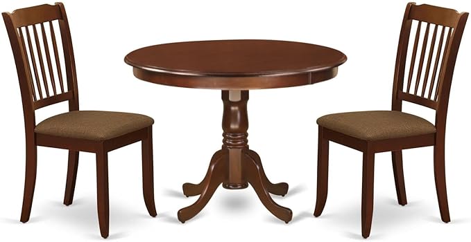 East West Furniture HLDA3-MAH-C 3 Piece Dining Room Table Set Contains a Round Kitchen Table with Pedestal and 2 Linen Fabric Upholstered Dining Chairs, 42x42 Inch, Mahogany - LeafyLoom