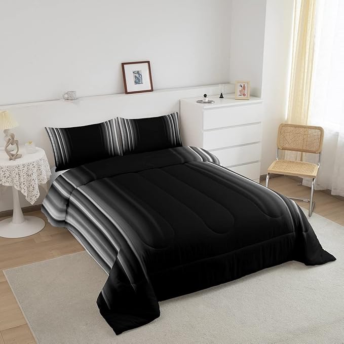 Feelyou Geometric Abstract Ombre Bedding Set Men Adults Teens Grey Gray and Black Striped Comforter Set Kids Boys Girls Simple Modern Quilt Setwith 2 Pillowcases 3Pcs Bedding Queen - LeafyLoom