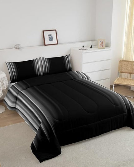 Geometric Abstract Ombre Bedding Set Men Adults Teens Grey Gray and Black Striped Comforter Set Kids Boys Girls Simple Modern Quilt Setwith 2 Pillowcases 3Pcs Bedding Full - LeafyLoom