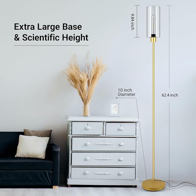 BoostArea Floor Lamp for Living Room, Gold Modern Standing Lamp Stand Up Lamp with Glass Lampshade, Simple Design Floor Lamp Pole Lamp Tall Lamps for Bedroom, Living Room, Office, Kids Room, Reading - LeafyLoom
