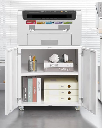 23.62" Metal Office Copier 2 Door and 360 ° Universal Wheel,Mobile Lateral Filing Cabinets w/Aluminum Alloy Handle,Rolling Printer Stand for Legal/Letter/A4,White - LeafyLoom