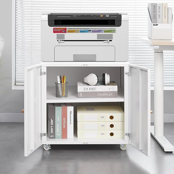 23.62" Metal Office Copier 2 Door and 360 ° Universal Wheel,Mobile Lateral Filing Cabinets w/Aluminum Alloy Handle,Rolling Printer Stand for Legal/Letter/A4,White - LeafyLoom