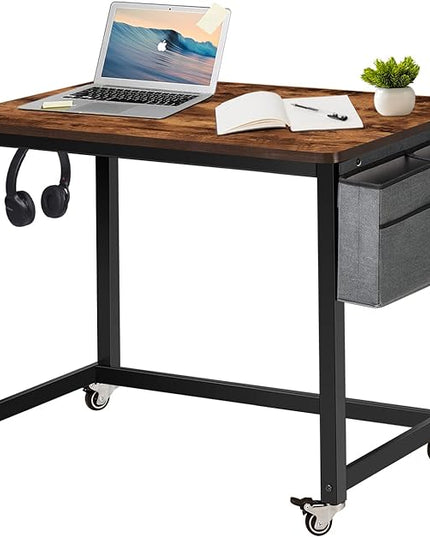 AHB Rolling Computer Desk with 4 Smooth Wheels, Simple Style Mobile Writing Desk Home Office Study Table Movable Workstation with Metal Frame (Brown, 32") - LeafyLoom