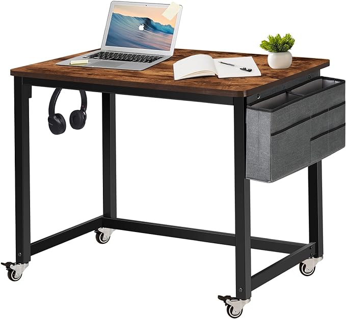 AHB Rolling Computer Desk with 4 Smooth Wheels, Simple Style Mobile Writing Desk Home Office Study Table Movable Workstation with Metal Frame (Brown, 32") - LeafyLoom