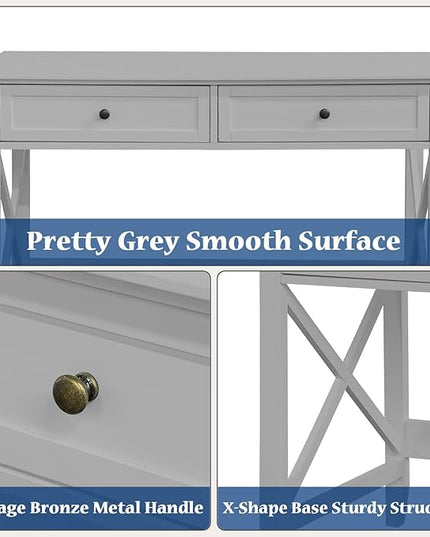 Computer Desk with 2 Drawers, Elegant Home Office Writing Study Desk with Storage, Modern Simple Vanity Desk Console Table for Living Room, Grey - LeafyLoom