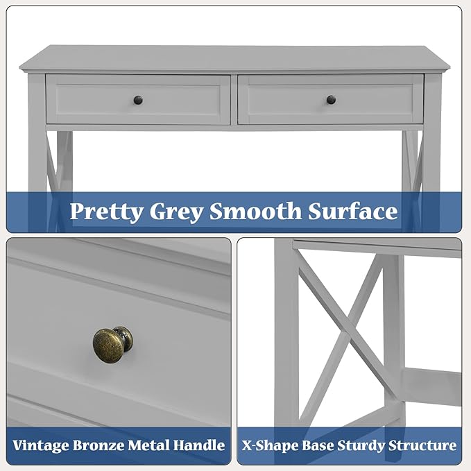 Computer Desk with 2 Drawers, Elegant Home Office Writing Study Desk with Storage, Modern Simple Vanity Desk Console Table for Living Room, Grey - LeafyLoom