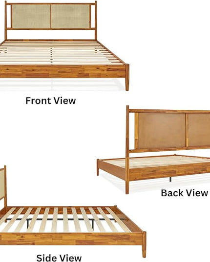 Bme Oliver King Bed Frame and Headboard - 15-Inch Signature Design with Rattan Headboard, Bohemian and Mid Century Style, 12-Slat Wood Support, No Box Spring Needed - Easy Assembly, Caramel - LeafyLoom