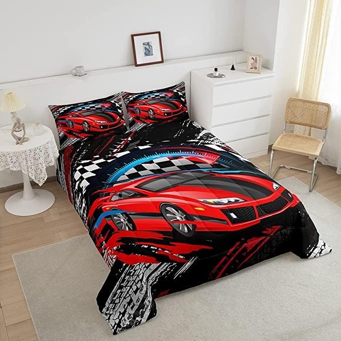 Car Bedding Set for Boys King Size Racing Sports Car Comforter Kids Extreme Sports Comforter Set Girls Teens Cool Speed Automobile Decor Bed Duvet Set Soft Lightweight Boys - LeafyLoom
