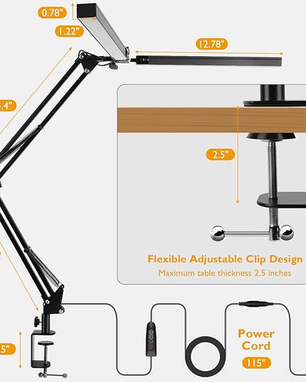 LED Desk Lamp with Clamp, Super Bright Double Head Desk Lamps for Home Office, 5 Color Modes, 10%~100% Dimmable Brightness, Architect Task Desk Light, Modern Swing Arm Workbench Desk Lighting - LeafyLoom