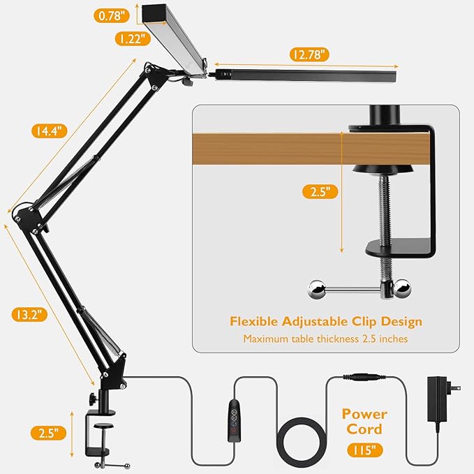 LED Desk Lamp with Clamp, Super Bright Double Head Desk Lamps for Home Office, 5 Color Modes, 10%~100% Dimmable Brightness, Architect Task Desk Light, Modern Swing Arm Workbench Desk Lighting - LeafyLoom