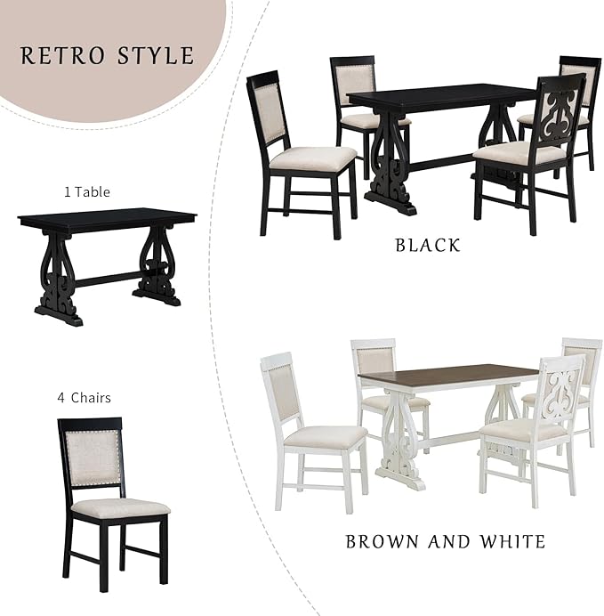 5-Piece Retro Dining Set with Rectangular Symmetrical Arc Pattern Design Wooden Table and 4 Upholstered Chairs, Kitchen Dinette Furniture for Living Room, Home Bar, Black+Beige-1 - LeafyLoom