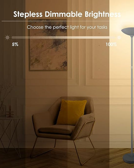 Floor Lamp, Standing Lamp, 20W 2000LM LED Torchiere Floor Lamp, Stepless Dimmable, Touch Control, 3000K Daylight, 50000hrs Lifespan, Floor Lamps for Living Room, Standing Lamps for Bedroom Gray - LeafyLoom
