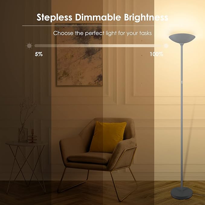 Floor Lamp, Standing Lamp, 20W 2000LM LED Torchiere Floor Lamp, Stepless Dimmable, Touch Control, 3000K Daylight, 50000hrs Lifespan, Floor Lamps for Living Room, Standing Lamps for Bedroom Gray - LeafyLoom