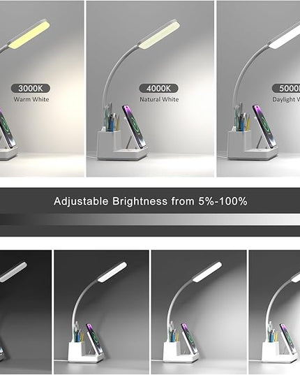 Desk Lamp, Desk Lamps for Home Office with USB Port Pen holder Wireless Charger 360 Gooseneck 3 Color Modes Dimmable Touch Square 800 Lumens CRI 85, Desk Light for college dorm room, White - LeafyLoom