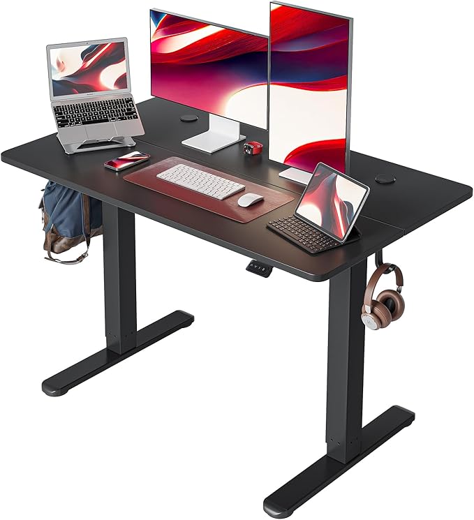 Cubiker 48 x 24 Inch Standing Desk, Stand up Height Adjustable Home Office Electric Table, Sit Stand Desk with Splice Board, Black Frame & Black Desktop - LeafyLoom