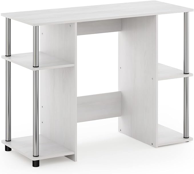 Furinno Jaya Computer Study Desk, White Oak/Stainless Steel - LeafyLoom