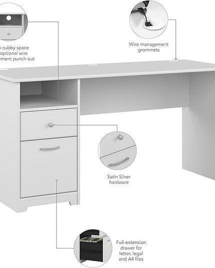 Bush Business Furniture Cabot Desks for Home Office with Storage and Chrome Hardware, Elegant Computer Table with Drawers, 60W, White - LeafyLoom