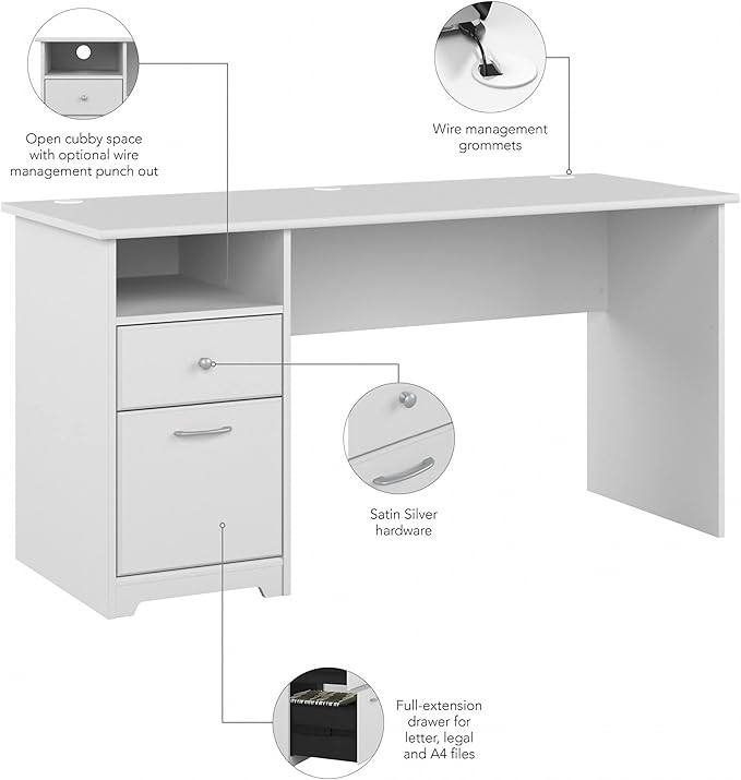 Bush Business Furniture Cabot Desks for Home Office with Storage and Chrome Hardware, Elegant Computer Table with Drawers, 60W, White - LeafyLoom