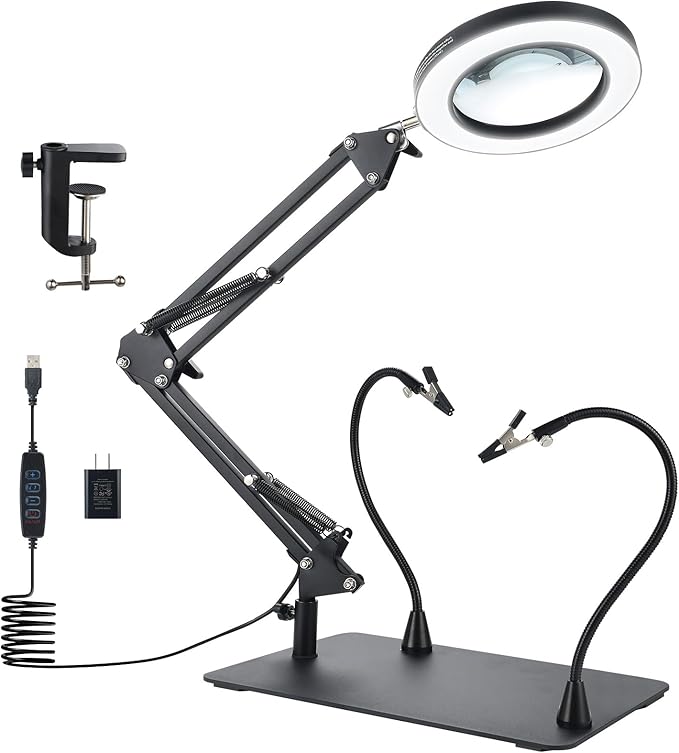 10X Magnifying Glass with Light, YOUKOYI 3-in-1 LED Magnifying Light, 3 Modes Stepless Dimming Magnifying Lamp with Magnetic Helping Hands & Heavy Duty Base Plate for Close Work Reading Repair Crafts - LeafyLoom