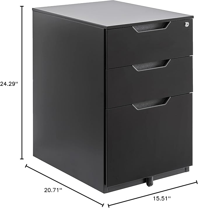 Amazon Basics 3 Drawer Mobile File Cabinet With Lock, Black, 20.71" D x 15.51" W x 24.29" H - LeafyLoom