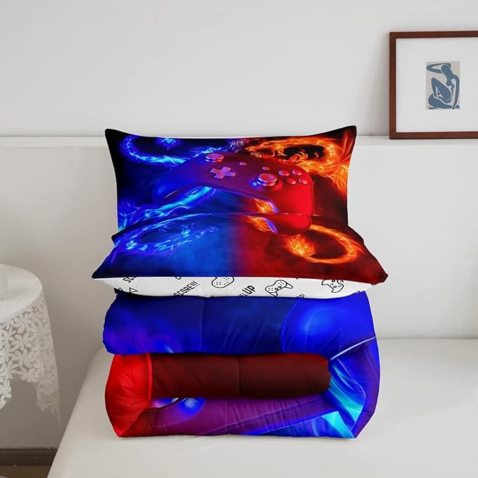 Ice Fire Dragon Comforter Set for Boys Teens Kids Gamer Games Room Decor Bedding Set Blue Red Gaming Gamepad Down Comforter ,Fairy Tale Animals Theme Room Decor 2Pcs Duvet Insert Twin Size,Soft - LeafyLoom