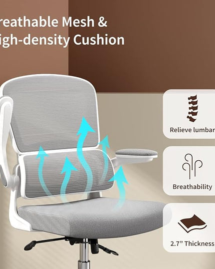 Ergonomic Office Chair, Comfortable Office Chair with Flip-up Arms, Adaptive Lumbar Support, Mesh Computer Chair with Thick Cushion, White Desk Chair with 90°-130° Tilt Function - LeafyLoom