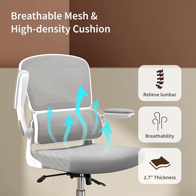 Ergonomic Office Chair, Comfortable Office Chair with Flip-up Arms, Adaptive Lumbar Support, Mesh Computer Chair with Thick Cushion, White Desk Chair with 90°-130° Tilt Function - LeafyLoom