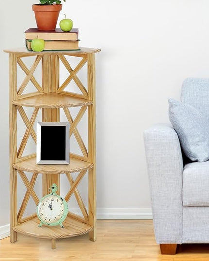 Casual Home Montego 3-Shelf Corner Folding Bookcase with Mantel Top, Natural - LeafyLoom