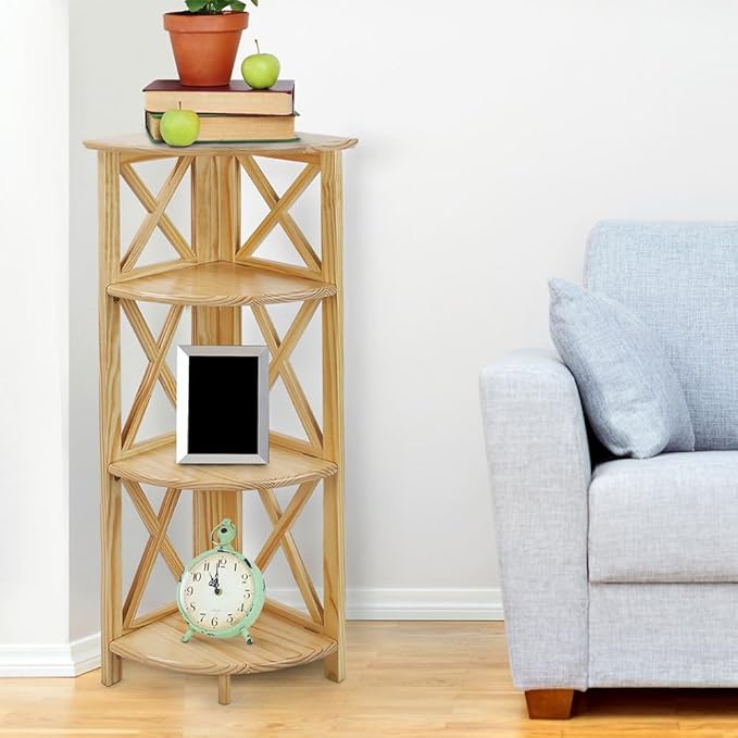 Casual Home Montego 3-Shelf Corner Folding Bookcase with Mantel Top, Natural - LeafyLoom