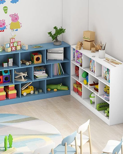 IOTXY Open Shelf Low Bookcase - Wooden 3-Tier Floor Standing Display Cabinet Organizer with Base, 8 Cubes Short Horizontal Bookshelf in Warm White - LeafyLoom