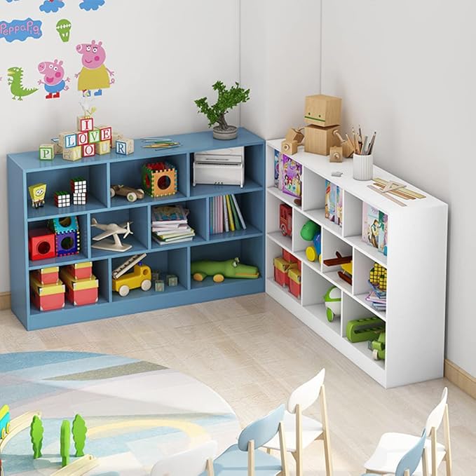 IOTXY Open Shelf Low Bookcase - Wooden 3-Tier Floor Standing Display Cabinet Organizer with Base, 8 Cubes Short Horizontal Bookshelf in Warm White - LeafyLoom