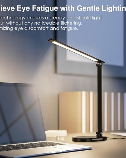 Led Desk Lamp, 3 Light Modes Table Lamp, Dimmable Reading Light For Bedroom with USB Port, Office Desk Lamp with Night Light, Auto-Off Timer Book Lights for College Dorm, Home, Office, Memory Function - LeafyLoom