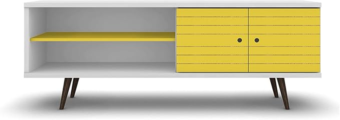 Manhattan Comfort Liberty Mid Century Modern TV Stand for Televisions up to 60 Inches, Bedroom and Living Room Entertainment Center with Storage, Shelves, and Cabinet, 63" Wide, White/Yellow - LeafyLoom