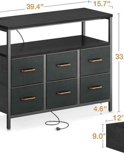 AODK TV Stand with Power Outlet, 40" Long TV Stand with 6 Large Fabric Drawers, Entertainment Center with Open Shelves for 55 Inch TV, Living Room, Black and Dark Grey - LeafyLoom