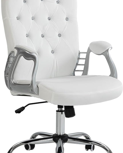 Vinsetto Home Office Chair, Velvet Computer Chair, Button Tufted Desk Chair with Swivel Wheels, Adjustable Height, and Tilt Function, White - LeafyLoom