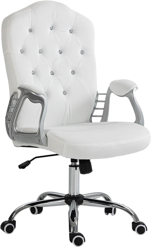 Vinsetto Home Office Chair, Velvet Computer Chair, Button Tufted Desk Chair with Swivel Wheels, Adjustable Height, and Tilt Function, White - LeafyLoom