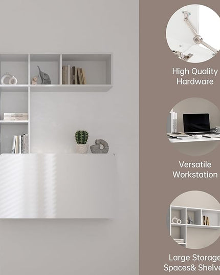 DMAITH Wall Mounted Desk, White Folding Desk for Small Spaces, Hidden Pull Down Floating Writing Desk with Storage Shelf for Home Office - LeafyLoom