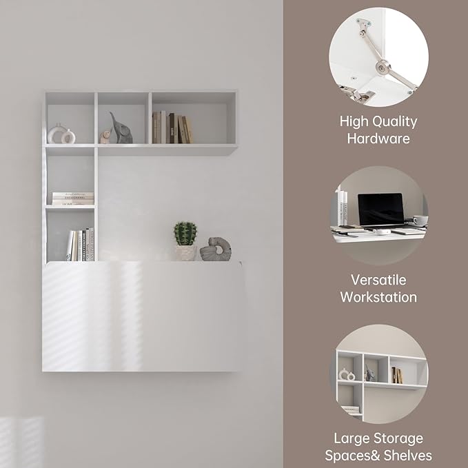 DMAITH Wall Mounted Desk, White Folding Desk for Small Spaces, Hidden Pull Down Floating Writing Desk with Storage Shelf for Home Office - LeafyLoom