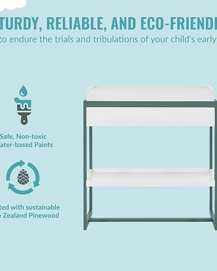 Arlo Changing Table in Jungle Green, Made of Solid New Zealand Pinewood, Non-Toxic Finish, Comes with Water Resistant Mattress Pad & Safety Strap - LeafyLoom